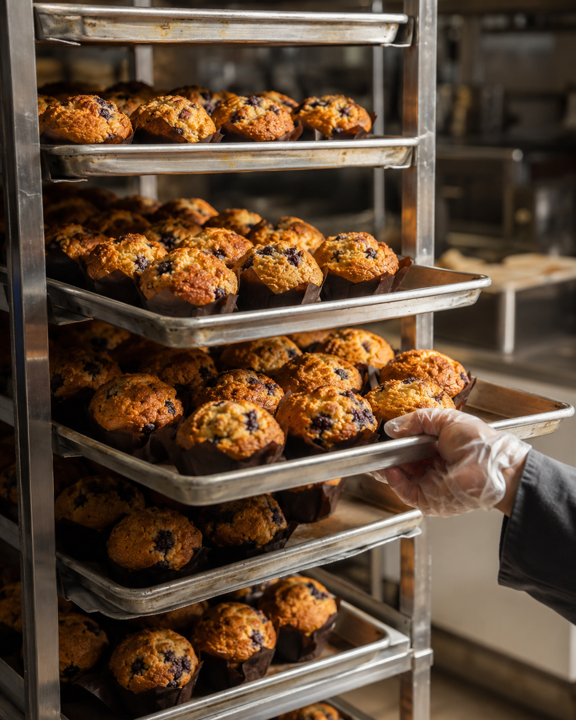 Trays of fresh-baked blueberry muffins on bakery racks in the Darcom Bakery production kitchen